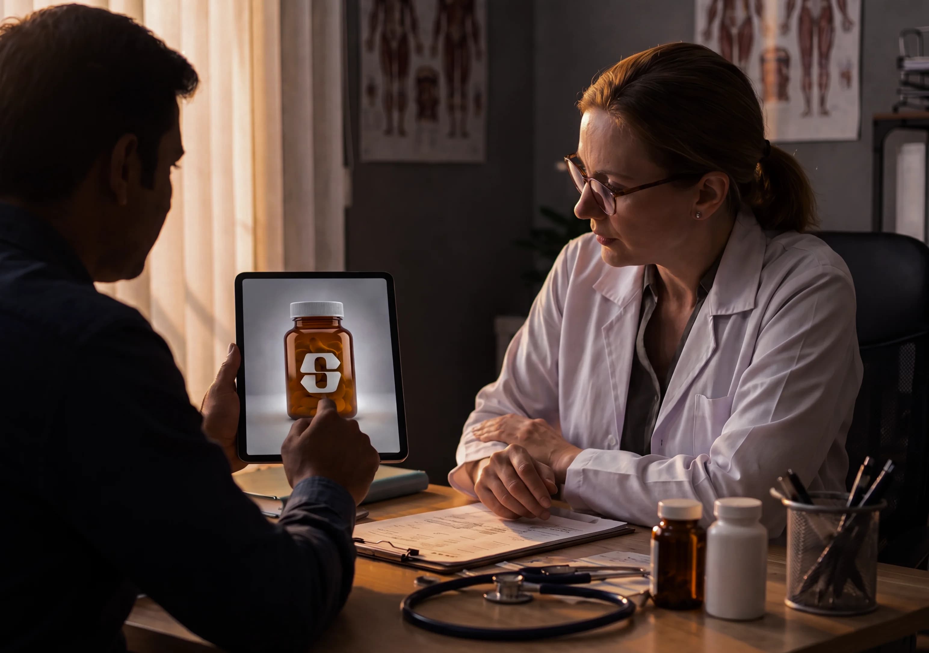Medical representative presenting Shackler on a tablet during a doctor consultation